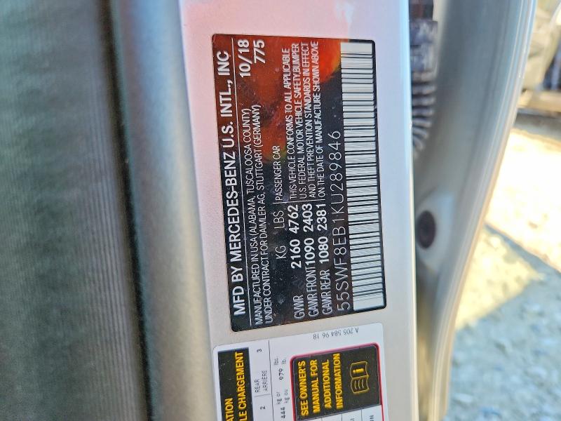 Продажа на аукционе авто 2019 Mercedes-benz C, vin: 55SWF8EB1KU289846, номер лота: 58036486