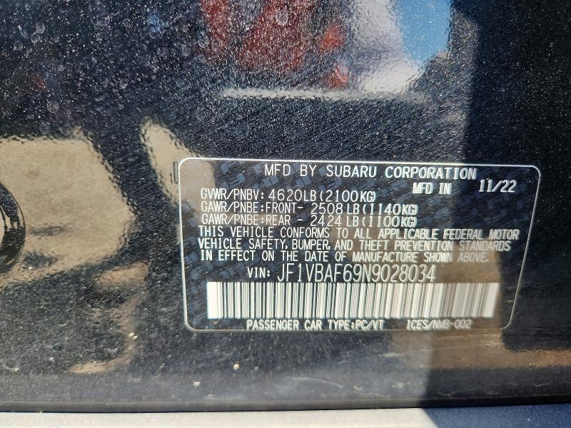 Продаж на аукціоні авто 2022 Subaru Wrx, vin: JF1VBAF69N9028034, номер лоту: 57550396