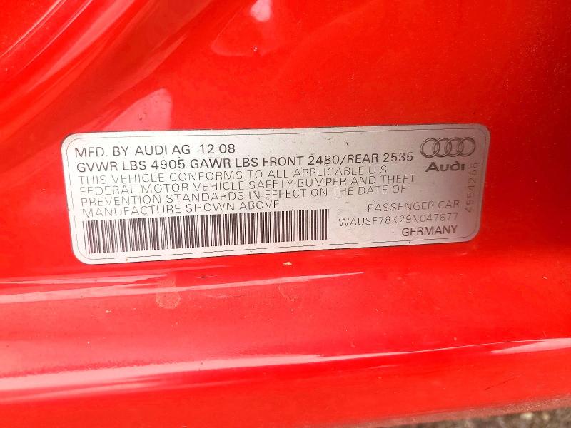 2009 Audi A4 მანქანა იყიდება აუქციონზე, vin: WAUSF78K29N047677, აუქციონის ნომერი: 58252556