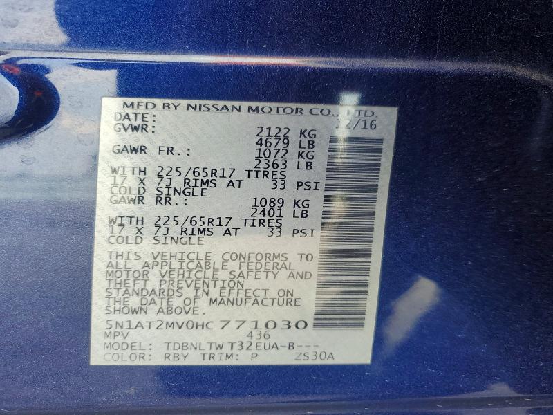 Продаж на аукціоні авто 2017 Nissan Rogue, vin: 5N1AT2MV0HC771030, номер лоту: 56289486