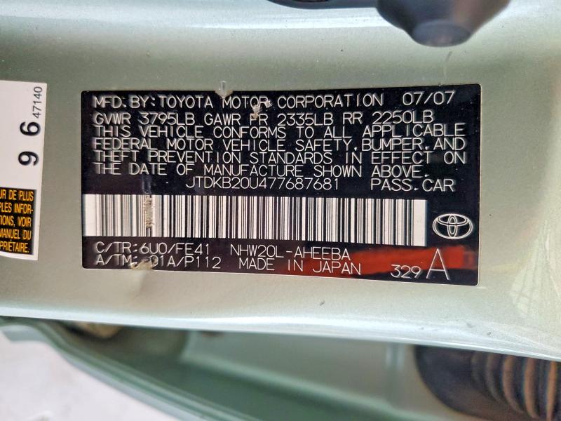 Aukcja sprzedaży 2007 Toyota Prius, vin: JTDKB20U477687681, numer aukcji: 57408946