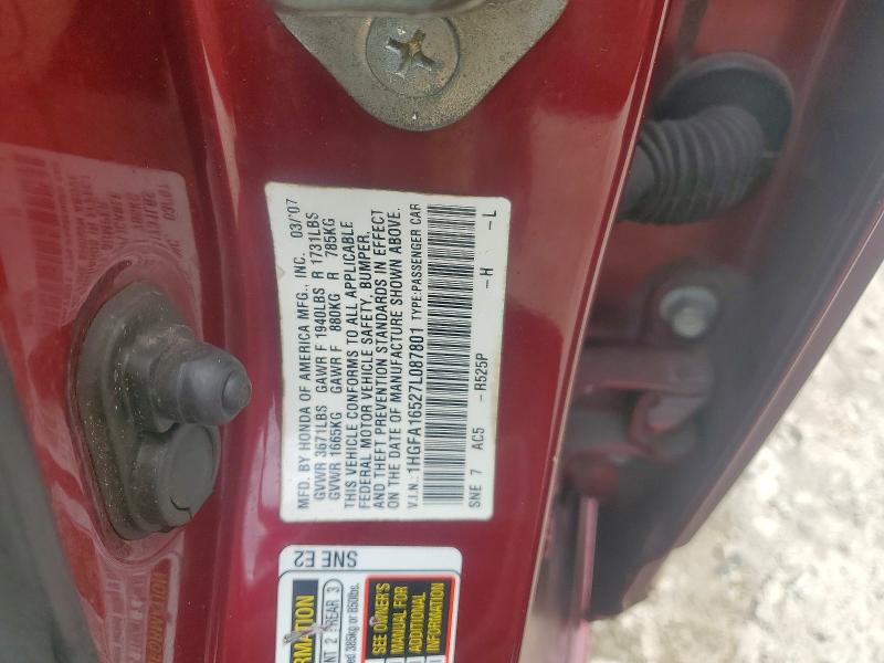 Продаж на аукціоні авто 2007 Honda Civic, vin: 1HGFA16527L087801, номер лоту: 55618706