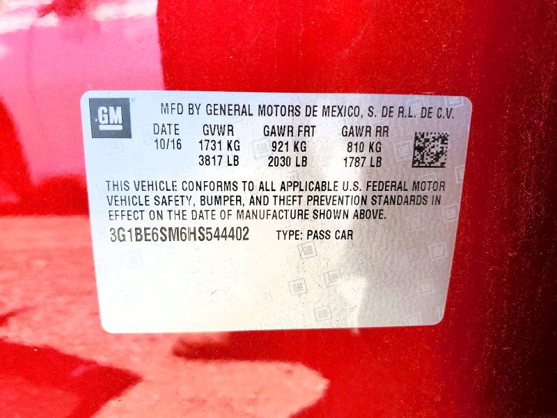2017 Chevrolet Cruze მანქანა იყიდება აუქციონზე, vin: 3G1BE6SM6HS544402, აუქციონის ნომერი: 56961906