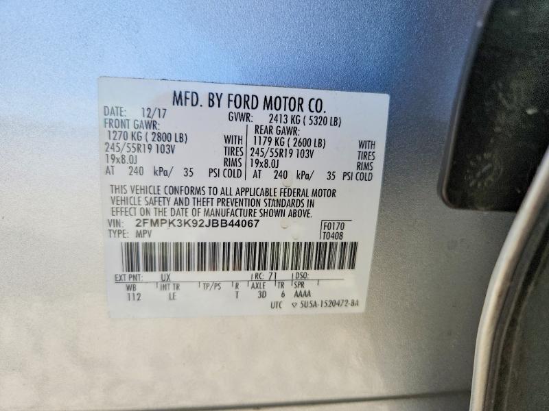 2018 Ford Edge მანქანა იყიდება აუქციონზე, vin: 2FMPK3K92JBB44067, აუქციონის ნომერი: 59180496