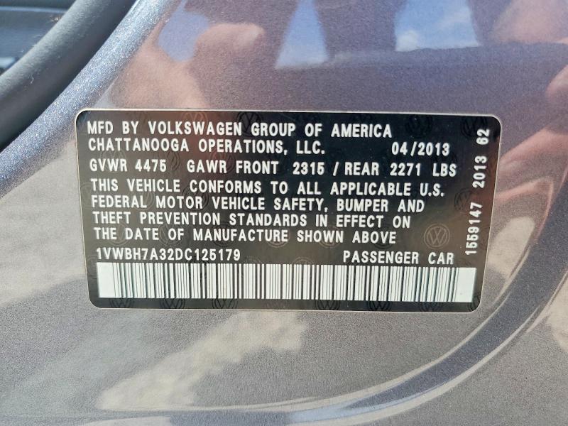 58182286 :رقم المزاد ، 1VWBH7A32DC125179 vin ، 2013 Volkswagen Passat مزاد بيع