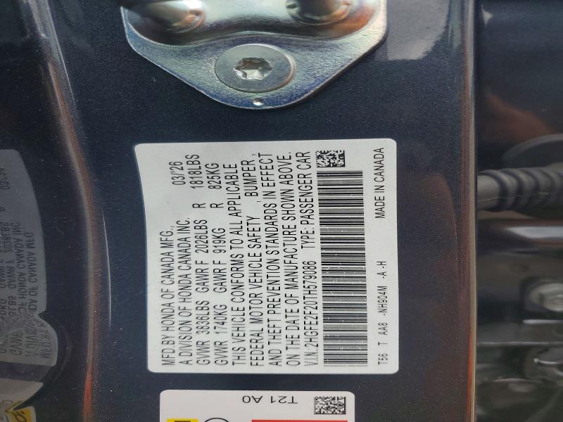 Продаж на аукціоні авто 2026 Honda Civic, vin: 2HGFE2F20TH579086, номер лоту: 57899336