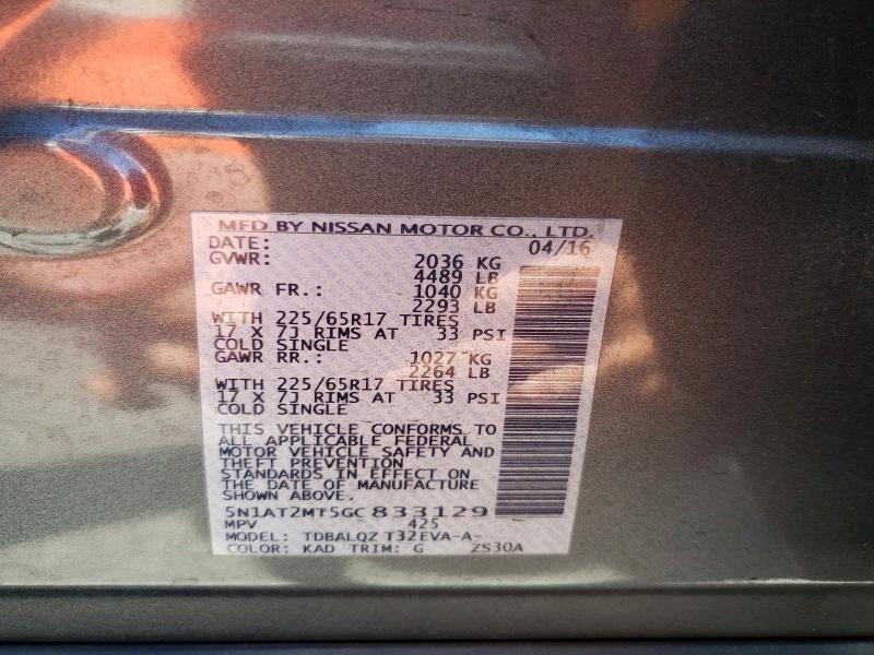 Продажа на аукционе авто 2016 Nissan Rogue, vin: 5N1AT2MT5GC833129, номер лота: 58826766