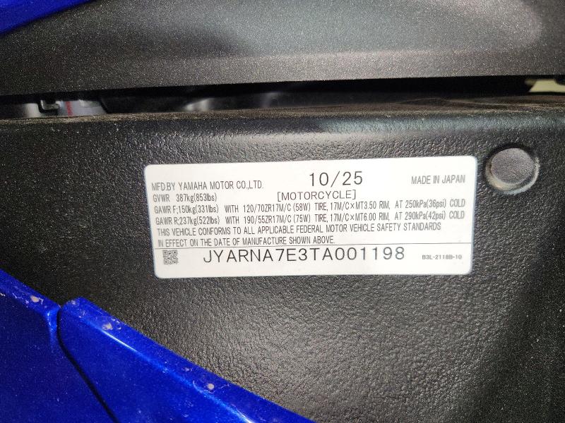 55880266 :رقم المزاد ، JYARNA7E3TA001198 vin ، 2026 Yamaha Yzf1000 مزاد بيع