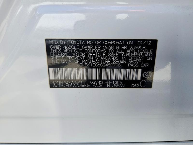 55720166 :رقم المزاد ، JTHBK1EG6C2489798 vin ، 2012 Lexus Es مزاد بيع