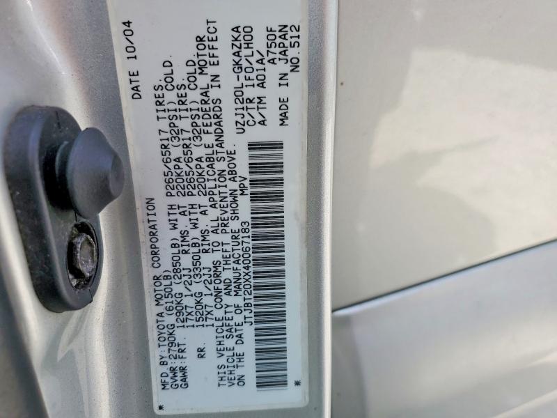 Aukcja sprzedaży 2004 Lexus Gx, vin: JTJBT20XX40067183, numer aukcji: 57186716