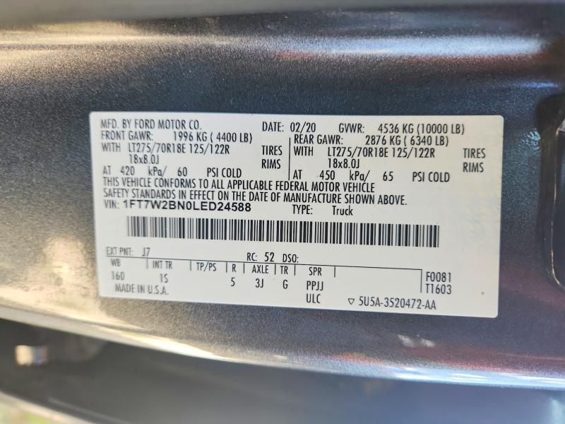 2020 Ford F250 მანქანა იყიდება აუქციონზე, vin: 1FT7W2BN0LED24588, აუქციონის ნომერი: 57959186