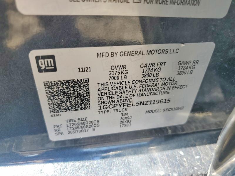 Aukcja sprzedaży 2022 Chevrolet Silverado Ltd, vin: 1GCPYFEL5NZ119615, numer aukcji: 55365996