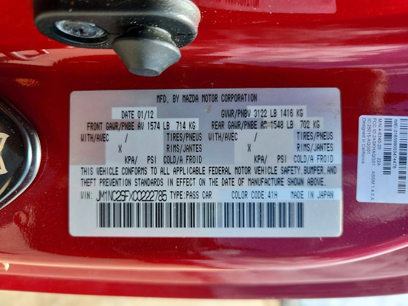 2012 Mazda Mx-5 Miata მანქანა იყიდება აუქციონზე, vin: JM1NC2SFXC0222785, აუქციონის ნომერი: 55084776