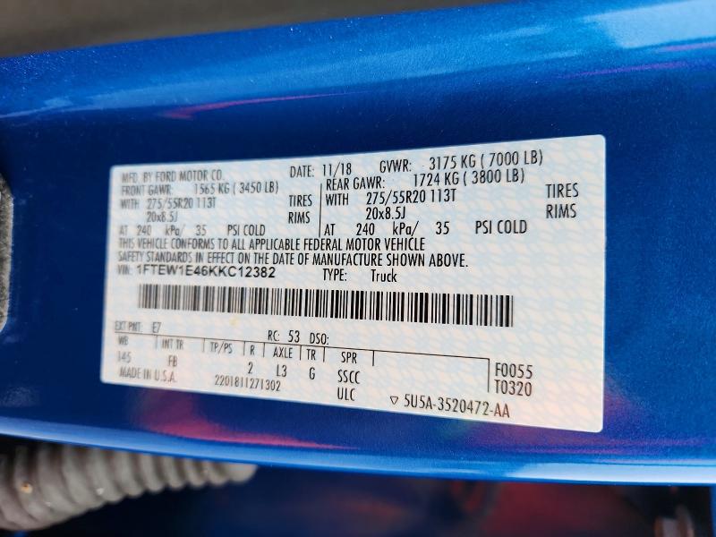 2019 Ford F150 მანქანა იყიდება აუქციონზე, vin: 1FTEW1E46KKC12382, აუქციონის ნომერი: 58058796
