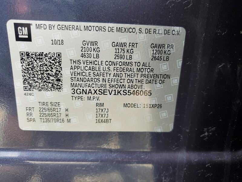Aukcja sprzedaży 2019 Chevrolet Equinox, vin: 3GNAXSEV1KS546065, numer aukcji: 56814696