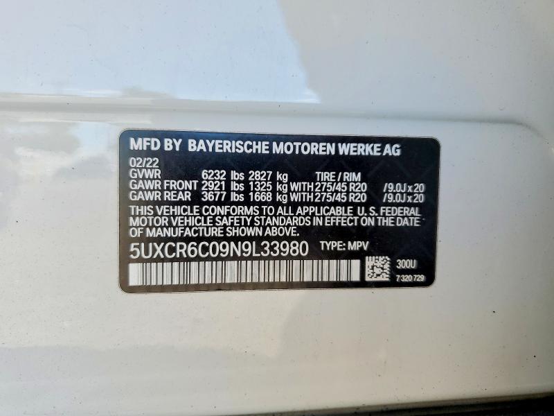 57708176 :رقم المزاد ، 5UXCR6C09N9L33980 vin ، 2022 Bmw X5 مزاد بيع