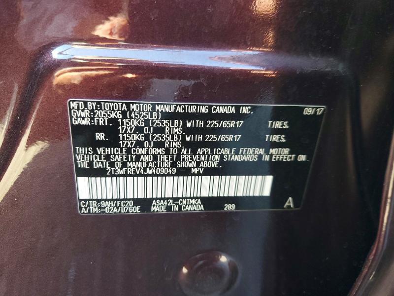 Продажа на аукционе авто 2018 Toyota Rav4, vin: 2T3WFREV4JW409049, номер лота: 56894236