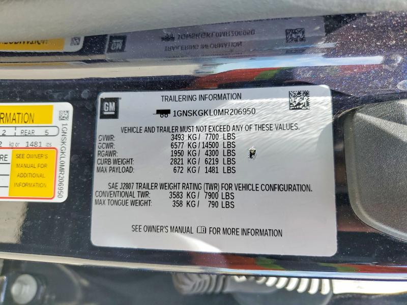 2021 Chevrolet Suburban მანქანა იყიდება აუქციონზე, vin: 1GNSKGKL0MR206950, აუქციონის ნომერი: 55902366