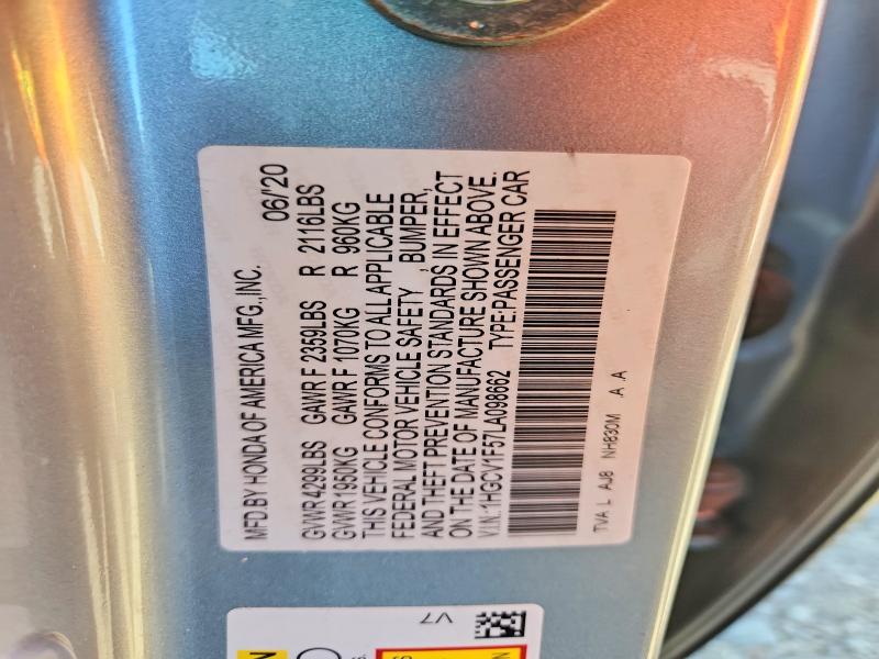 2020 Honda Accord მანქანა იყიდება აუქციონზე, vin: 1HGCV1F57LA098662, აუქციონის ნომერი: 55689206