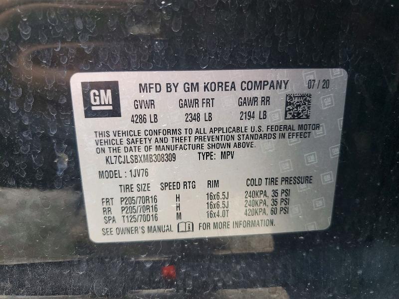 2021 Chevrolet Trax მანქანა იყიდება აუქციონზე, vin: KL7CJLSBXMB308309, აუქციონის ნომერი: 58620396