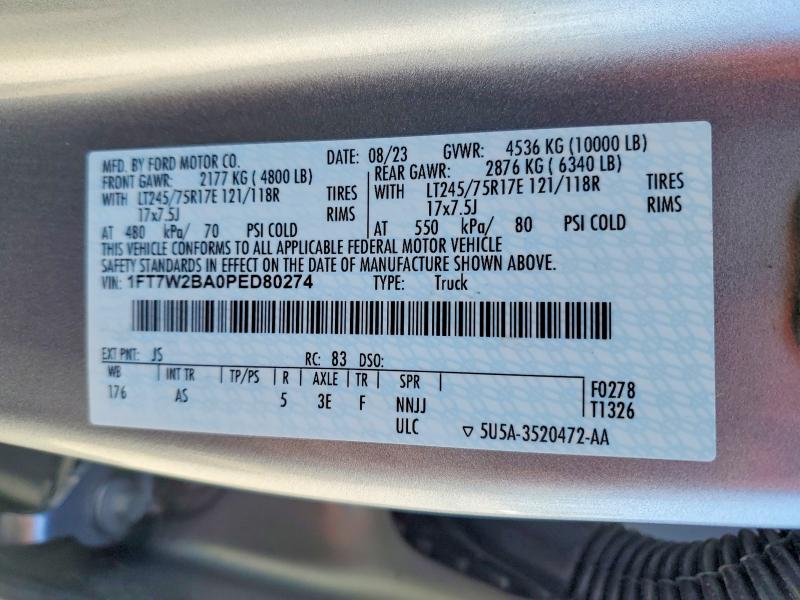 2023 Ford F250 მანქანა იყიდება აუქციონზე, vin: 1FT7W2BA0PED80274, აუქციონის ნომერი: 54555146