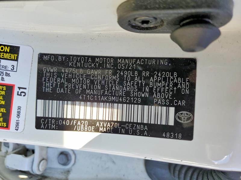 Продаж на аукціоні авто 2021 Toyota Camry, vin: 4T1C11AK9MU462129, номер лоту: 56984026