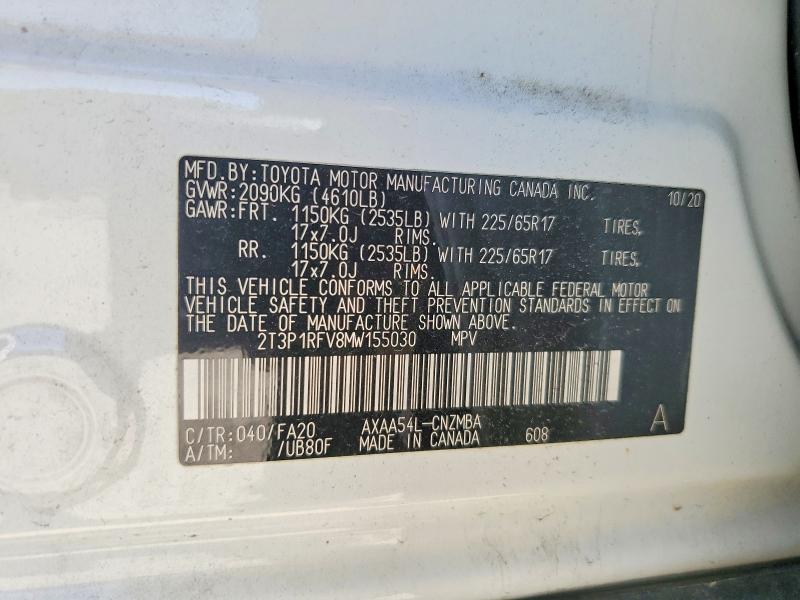 2021 Toyota Rav4 მანქანა იყიდება აუქციონზე, vin: 2T3P1RFV8MW155030, აუქციონის ნომერი: 55870096