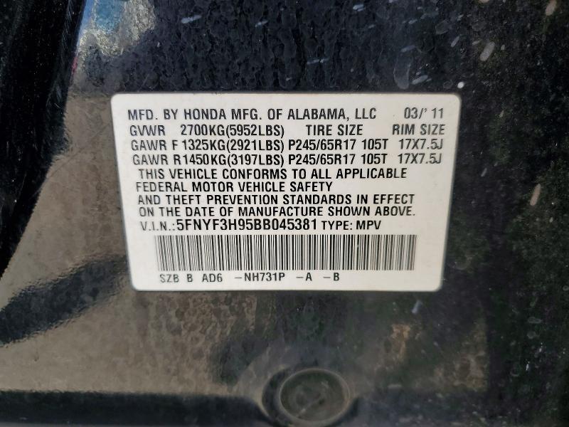 Продаж на аукціоні авто 2011 Honda Pilot, vin: 5FNYF3H95BB045381, номер лоту: 57248656
