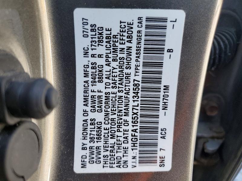 2007 Honda Civic მანქანა იყიდება აუქციონზე, vin: 1HGFA165X7L134587, აუქციონის ნომერი: 55550836