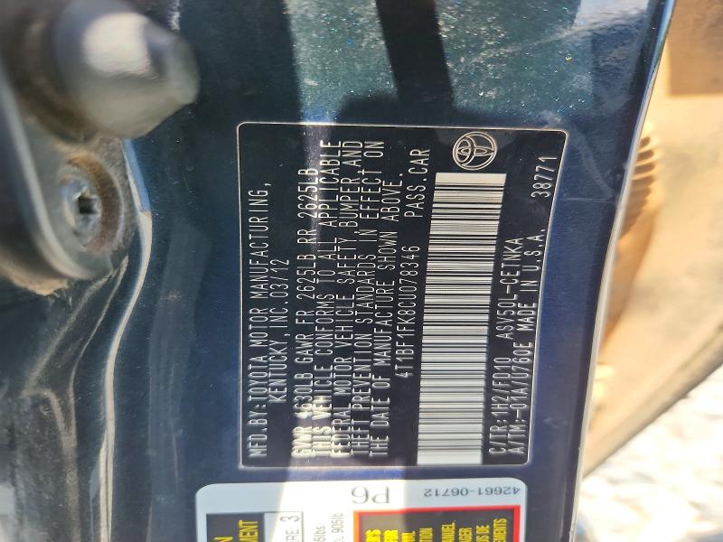2012 Toyota Camry მანქანა იყიდება აუქციონზე, vin: 4T1BF1FK8CU078346, აუქციონის ნომერი: 56298306