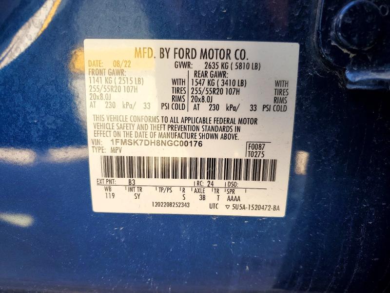 2022 Ford Explorer მანქანა იყიდება აუქციონზე, vin: 1FMSK7DH8NGC00176, აუქციონის ნომერი: 97167325