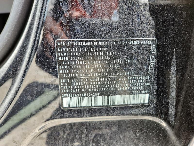 2022 Volkswagen Tiguan მანქანა იყიდება აუქციონზე, vin: 3VV3B7AX7NM104258, აუქციონის ნომერი: 56636296
