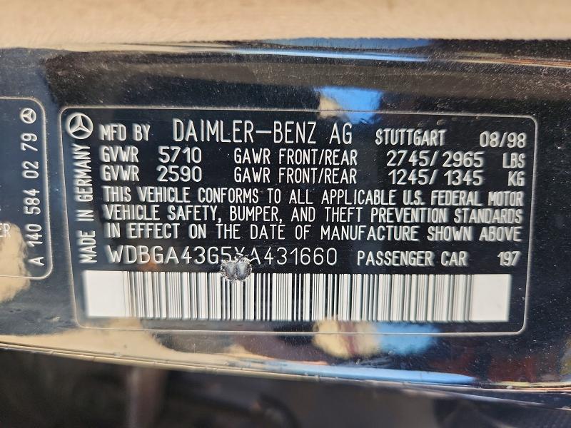 1999 Mercedes-benz S მანქანა იყიდება აუქციონზე, vin: WDBGA43G5XA431660, აუქციონის ნომერი: 55594726