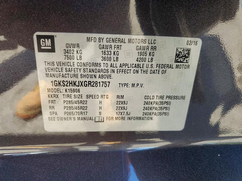 57481396 :رقم المزاد ، 1GKS2HKJXGR281757 vin ، 2016 Gmc Yukon Xl مزاد بيع
