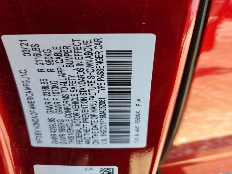 Продаж на аукціоні авто 2021 Honda Accord, vin: 1HGCV1F16MA052061, номер лоту: 58940956