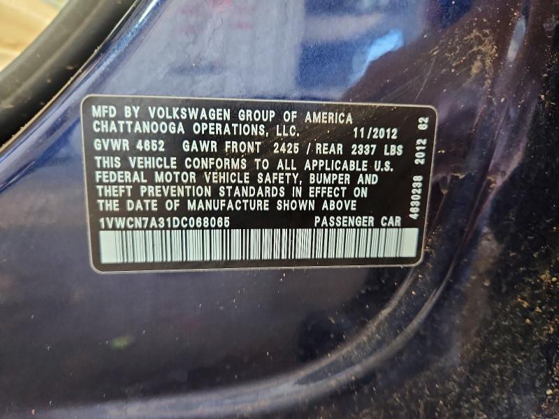 57499626 :رقم المزاد ، 1VWCN7A31DC068065 vin ، 2013 Volkswagen Passat مزاد بيع