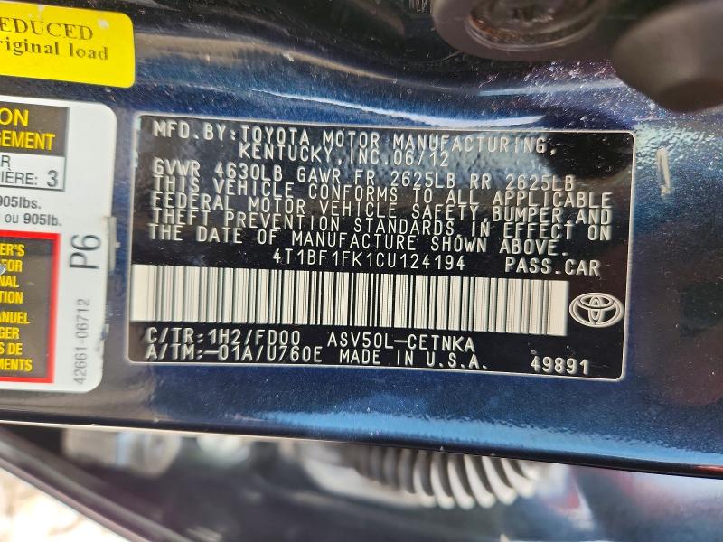 57505616 :رقم المزاد ، 4T1BF1FK1CU124194 vin ، 2012 Toyota Camry مزاد بيع