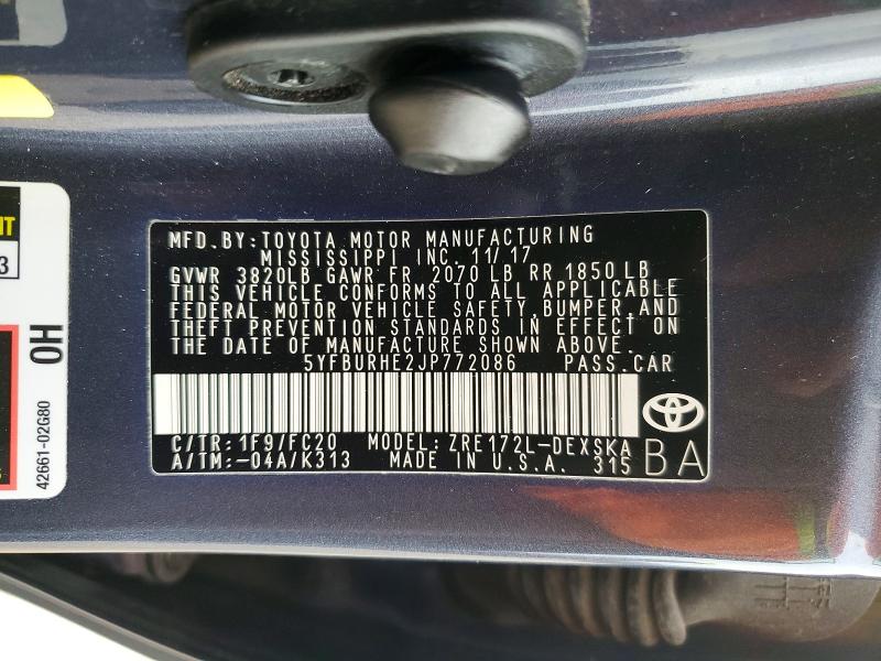 Продаж на аукціоні авто 2018 Toyota Corolla, vin: 5YFBURHE2JP772086, номер лоту: 58195906