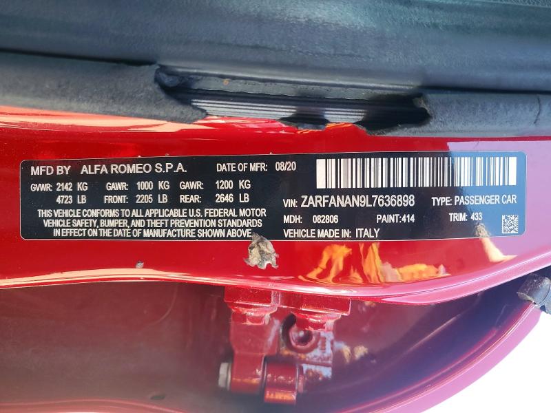 Aukcja sprzedaży 2020 Alfa Romeo Giulia, vin: ZARFANAN9L7636898, numer aukcji: 57191976