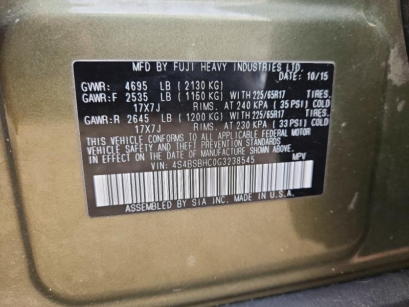 Продажа на аукционе авто 2016 Subaru Outback, vin: 4S4BSBHC0G3238545, номер лота: 55321586