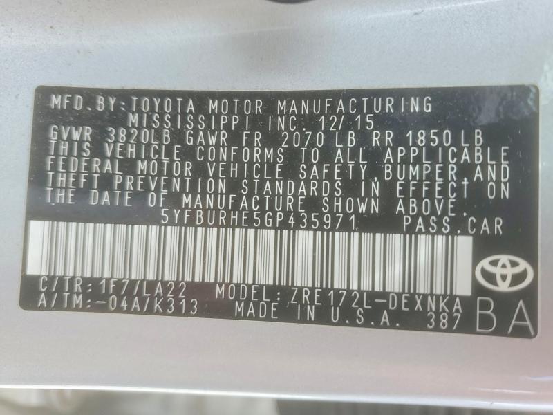 2016 Toyota Corolla მანქანა იყიდება აუქციონზე, vin: 5YFBURHE5GP435971, აუქციონის ნომერი: 57338716