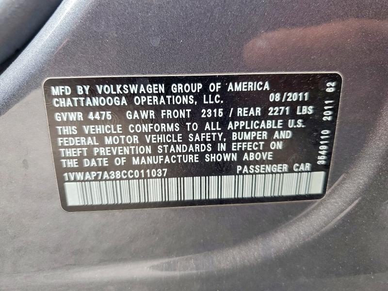 Aukcja sprzedaży 2012 Volkswagen Passat, vin: 1VWAP7A38CC011037, numer aukcji: 59543666