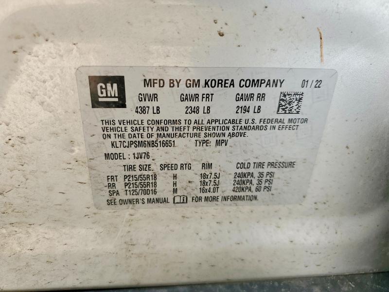 55450086 :رقم المزاد ، KL7CJPSM6NB516651 vin ، 2022 Chevrolet Trax مزاد بيع