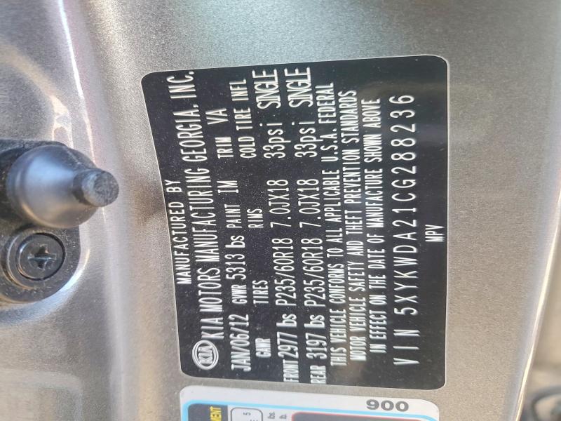 2012 Kia Sorento მანქანა იყიდება აუქციონზე, vin: 5XYKWDA21CG288236, აუქციონის ნომერი: 57430806