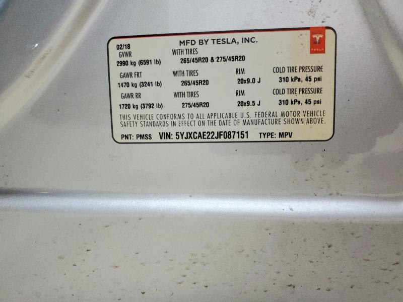 Aukcja sprzedaży 2018 Tesla Model X, vin: 5YJXCAE22JF087151, numer aukcji: 59054406