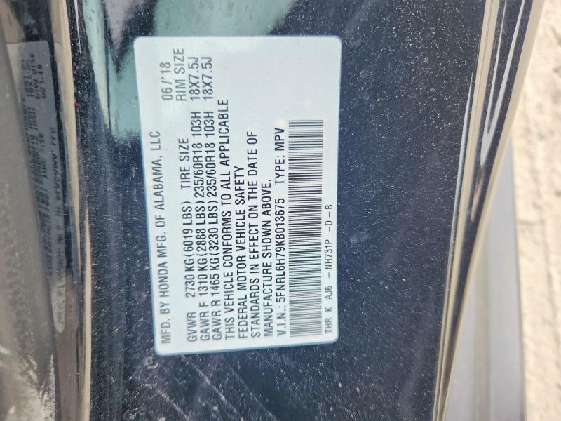 Auction sale of the 2019 Honda Odyssey, vin: 5FNRL6H79KB013675, lot number: 56541576