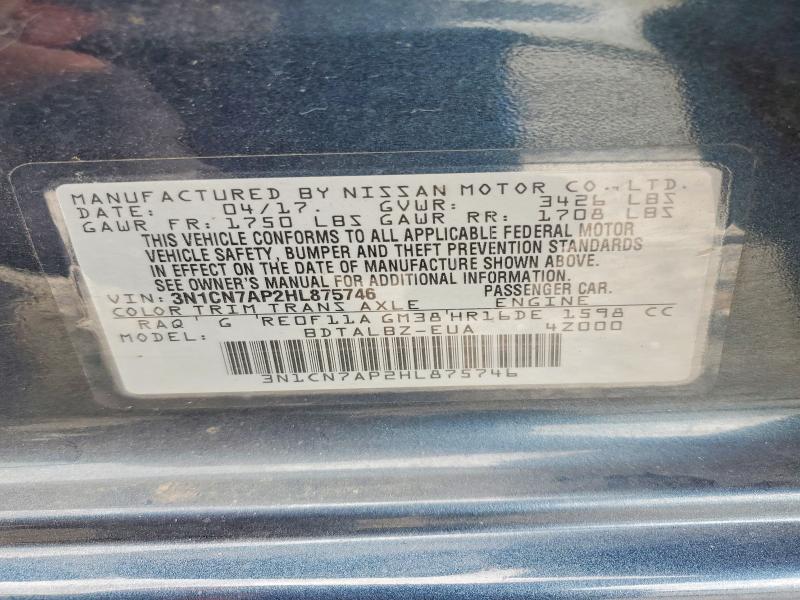 2017 Nissan Versa მანქანა იყიდება აუქციონზე, vin: 3N1CN7AP2HL875746, აუქციონის ნომერი: 56242296