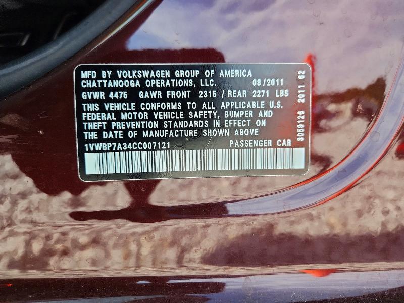 56083156 :رقم المزاد ، 1VWBP7A34CC007121 vin ، 2012 Volkswagen Passat مزاد بيع