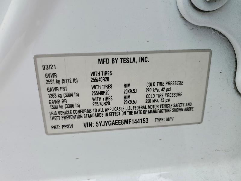 2021 Tesla Model Y მანქანა იყიდება აუქციონზე, vin: 5YJYGAEE8MF144153, აუქციონის ნომერი: 56815036