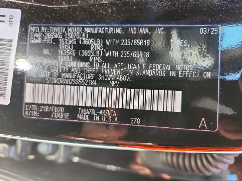 Aukcja sprzedaży 2025 Toyota Highlander, vin: 5TDKDRAH2SS552184, numer aukcji: 55936076